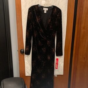 New “Connected” Black Velvet and rust long sleeve Sparkle Dress